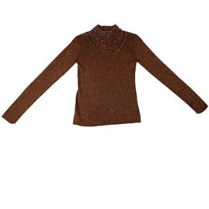23rd Street Brown Metallic‎ Beaded Mock Neck Long Sleeve Sweater Top Women's Med